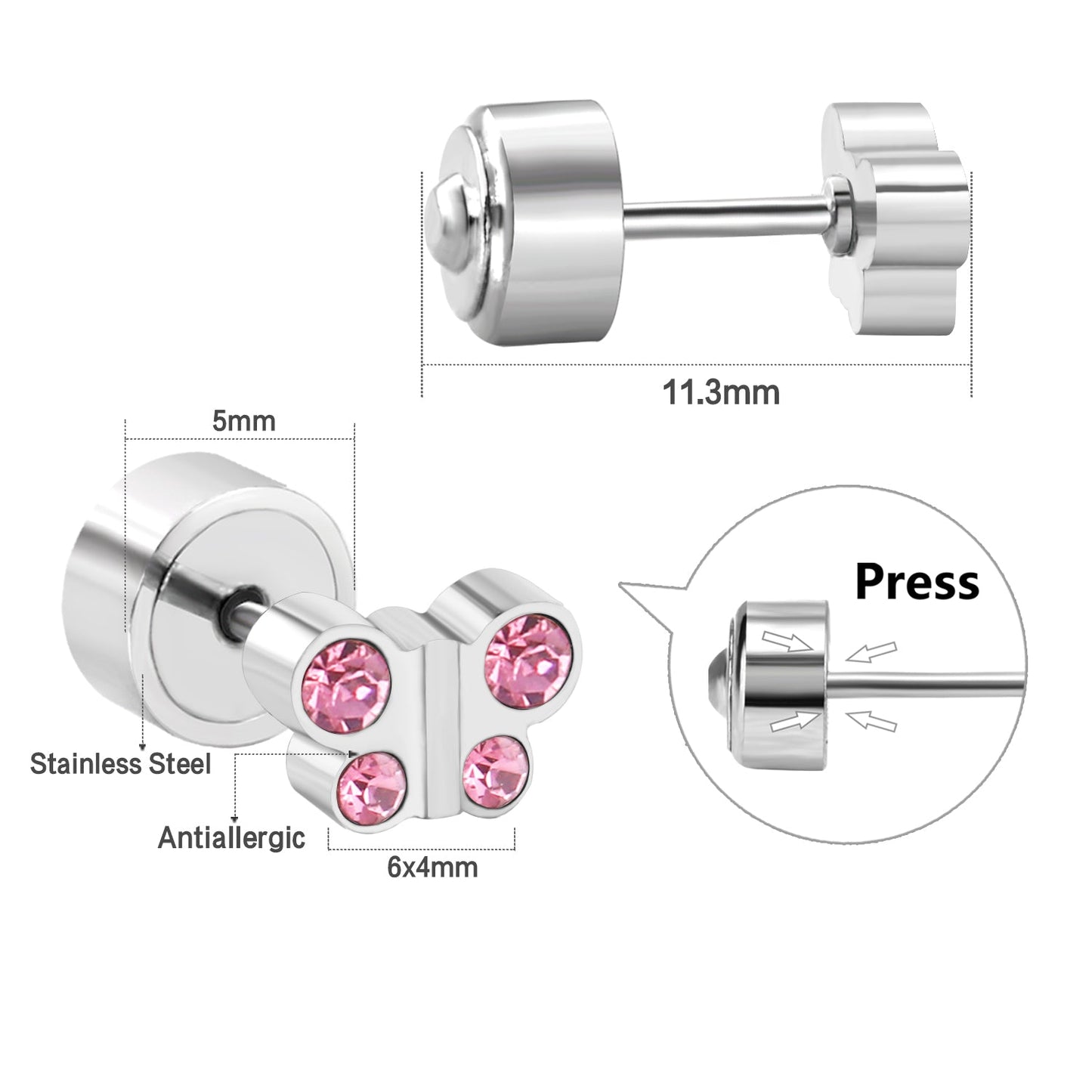 12 pairs of steel color butterfly-shaped white diamond/red diamond/lake blue diamond pat plug earrings asonjewelry