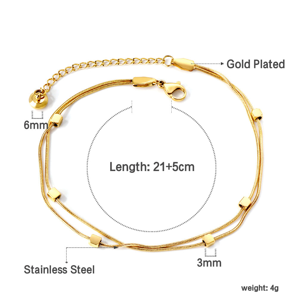 Gold 6 small square accessories soft double anklet 21 +5cm asonjewelry