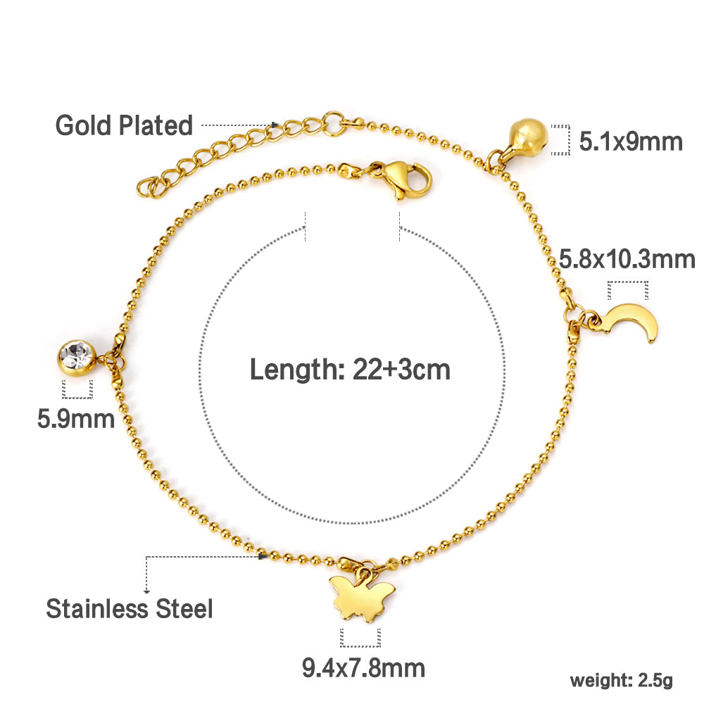 Diamants blancs + perles en acier + lune + accessoires papillon pendentif bracelet de cheville 22 + 3cm or