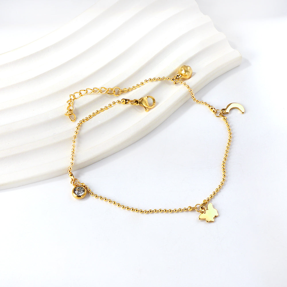 Diamants blancs + perles en acier + lune + accessoires papillon pendentif bracelet de cheville 22 + 3cm or