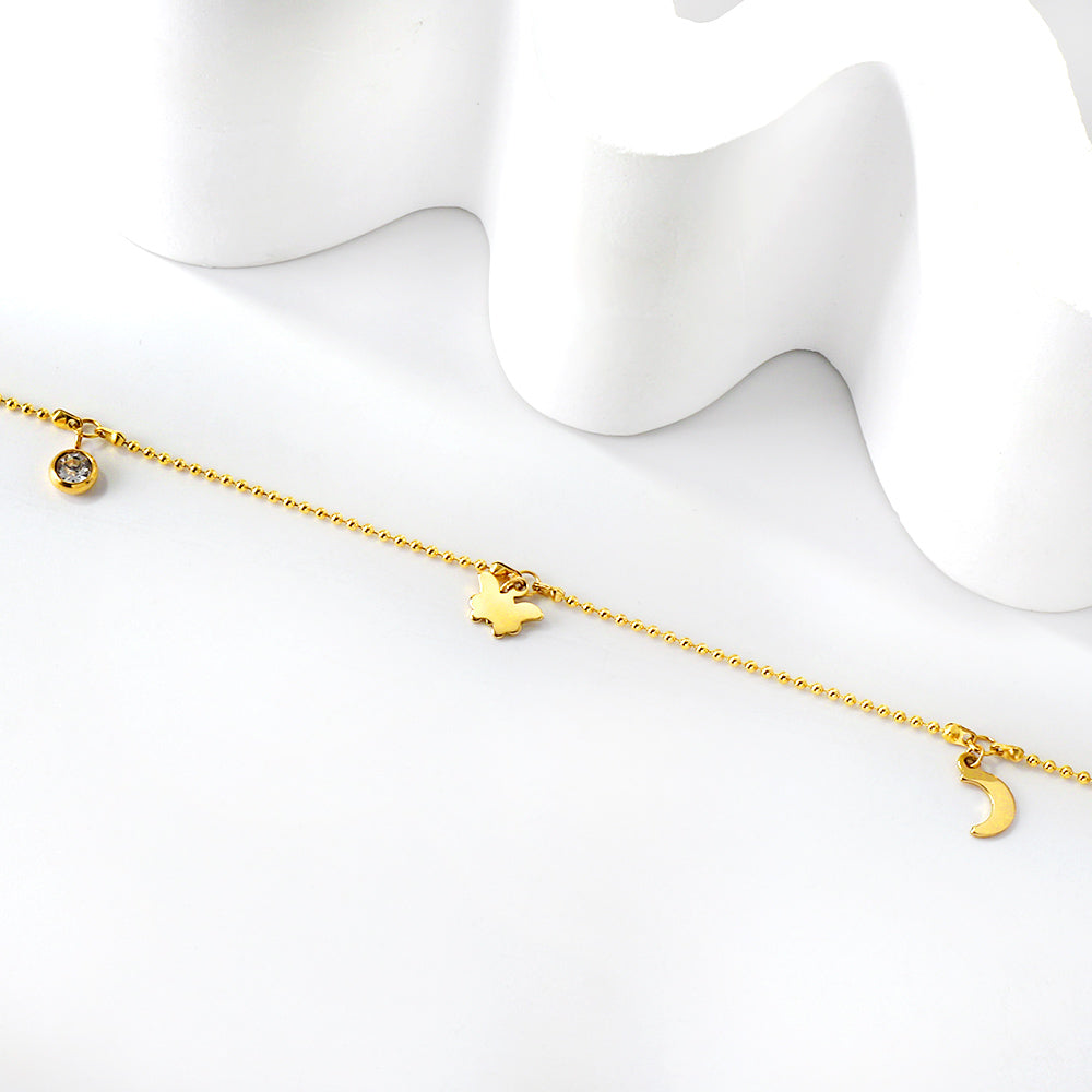 Diamants blancs + perles en acier + lune + accessoires papillon pendentif bracelet de cheville 22 + 3cm or