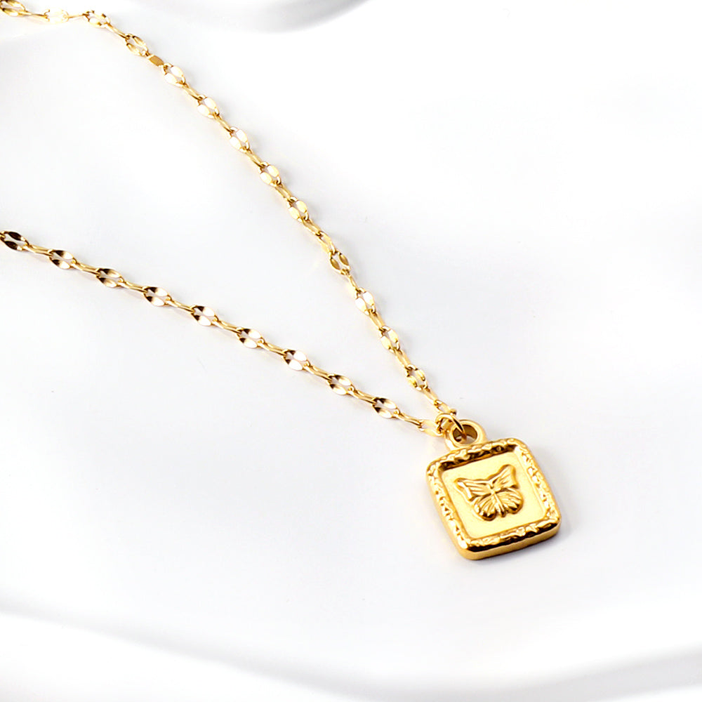 Golden Square Pendant Necklace with Butterfly Pattern 45+5cm asonjewelry