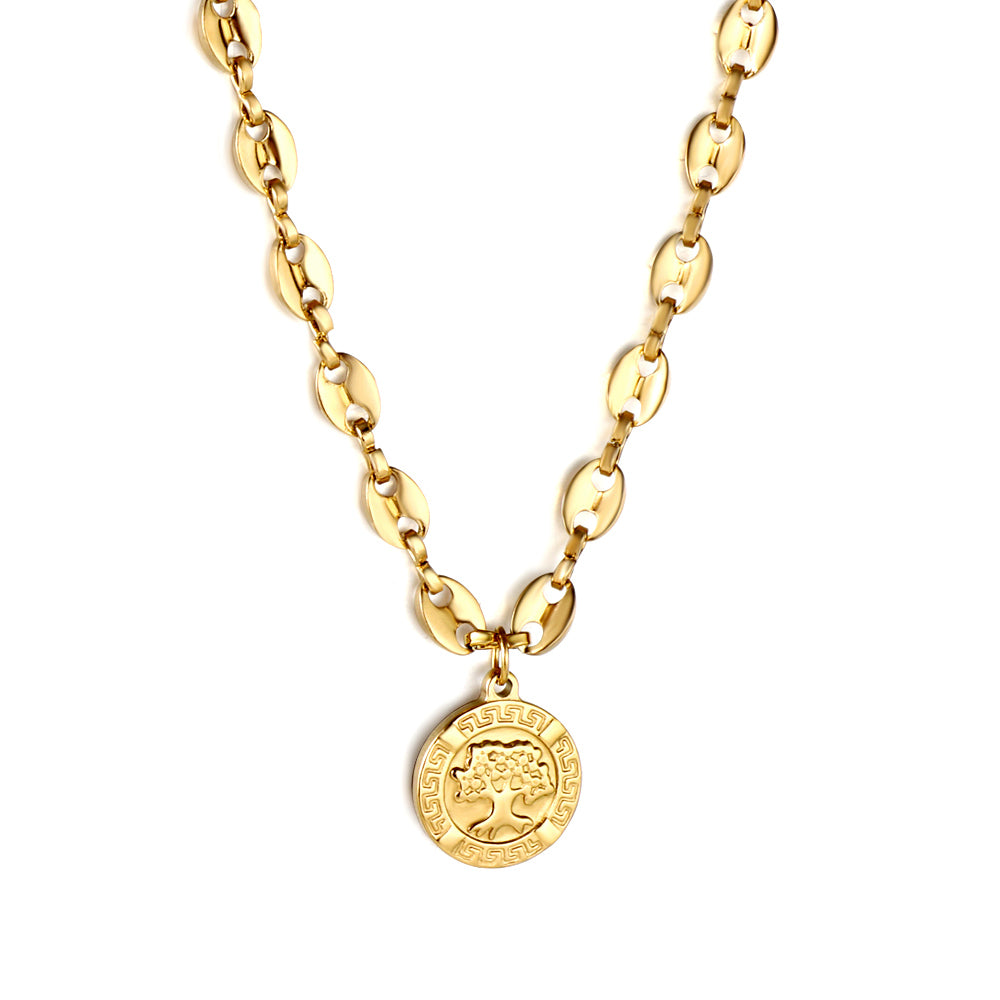 Golden Round Pendant Necklace with Big Tree Motif 45+5cm asonjewelry