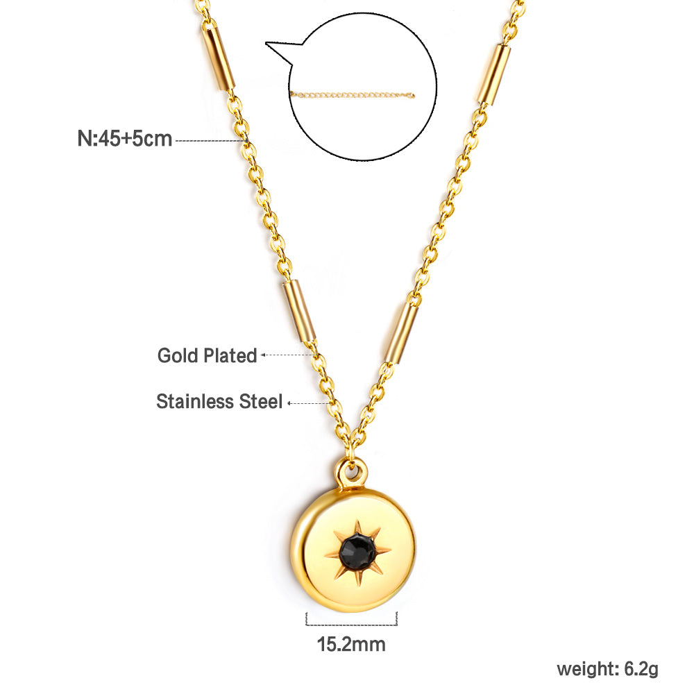 Gold coloured round pendant with black diamonds necklace 45+5cm asonjewelry