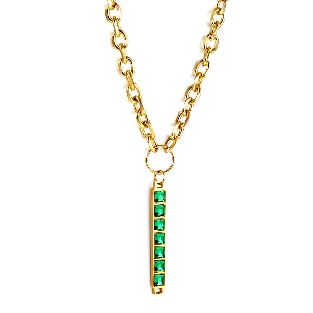 Rectangular Pendant with 7 Green Diamonds Necklace 50+5cm asonjewelry