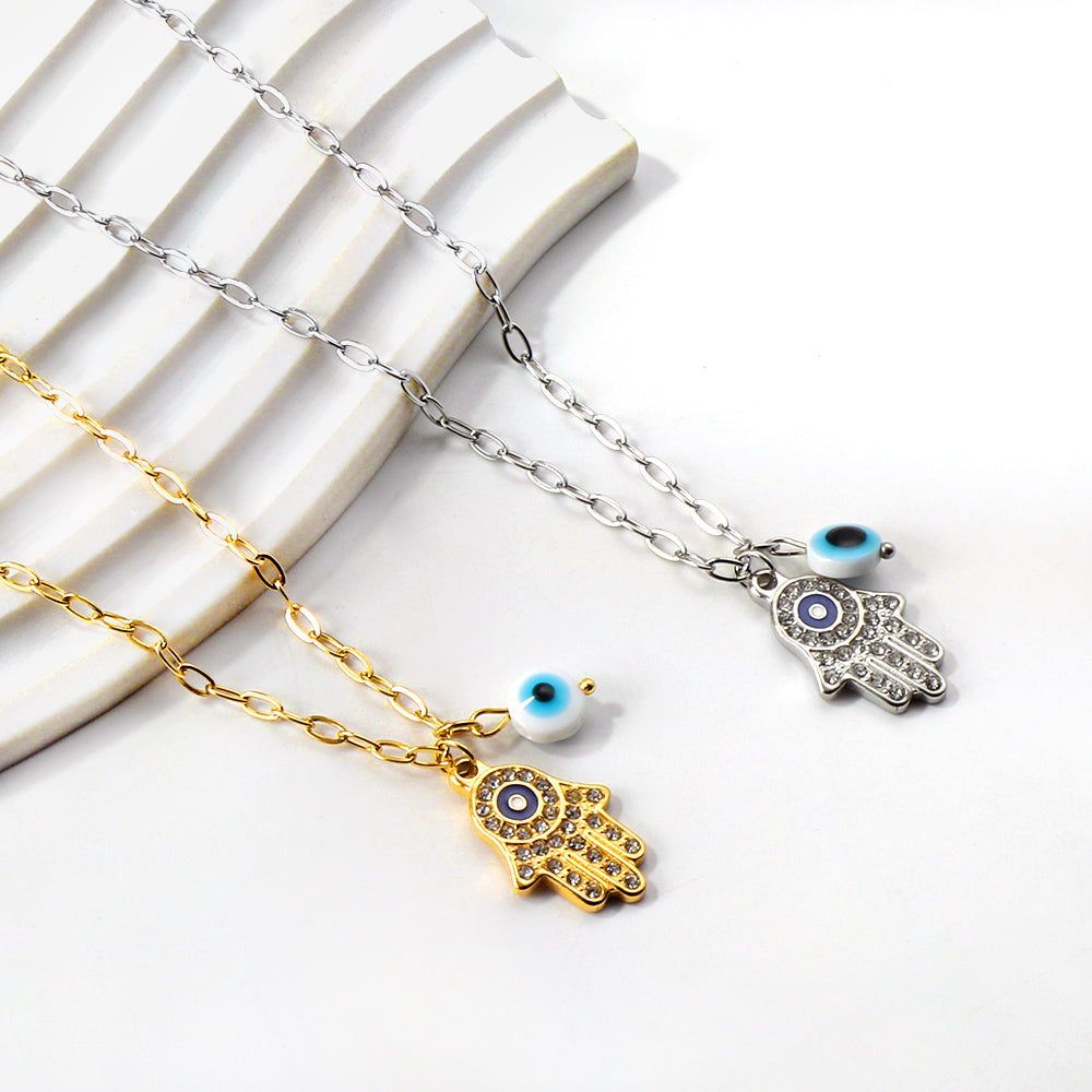 Palm Pendant with White Diamonds + Blue Cat Eye Necklace 45+5cm asonjewelry