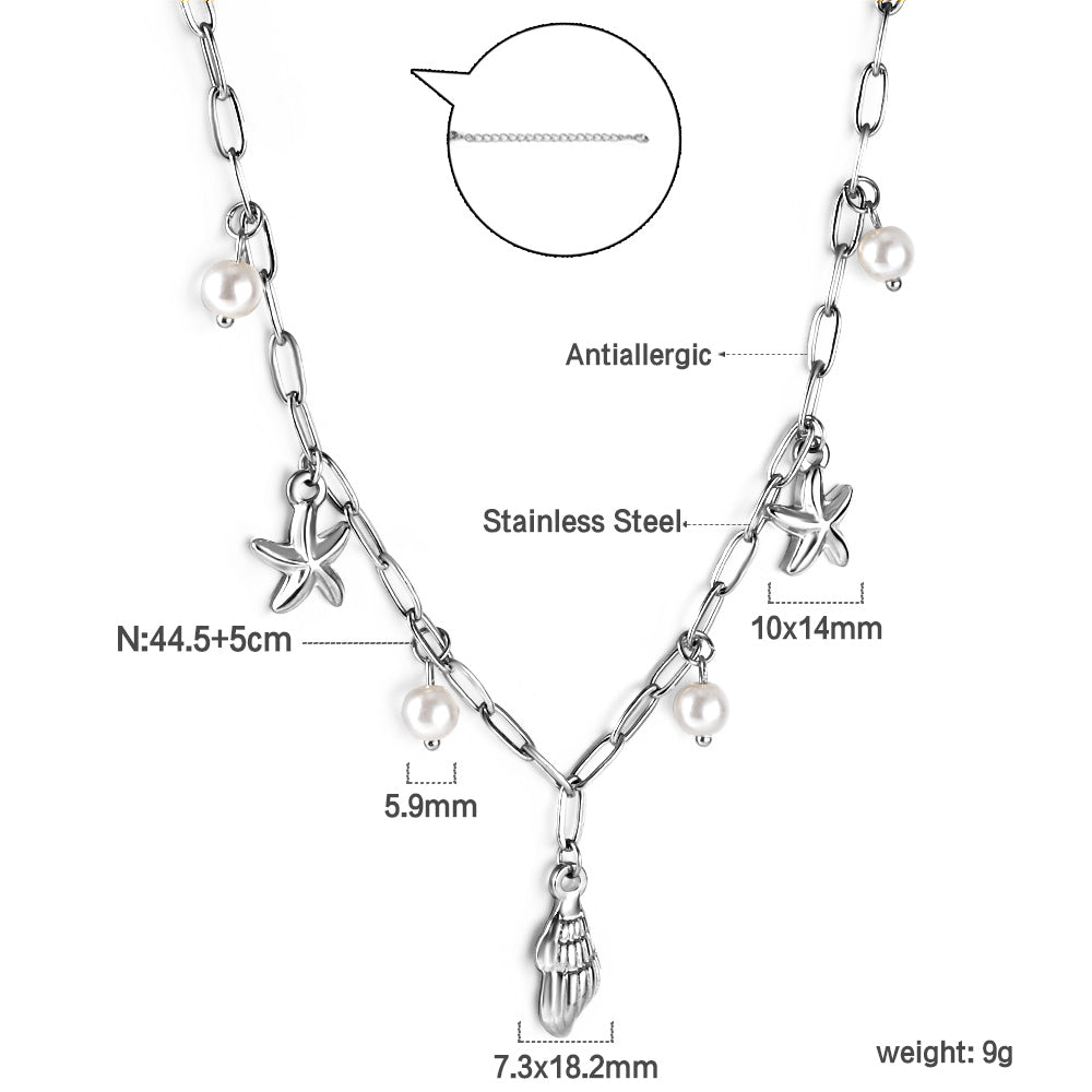 Shell + 2 starfish with 4 white pearls pendant necklace 45+5cm asonjewelry