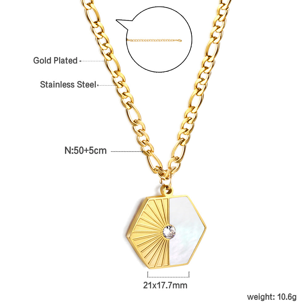 Hexagonal with half white shell with diamonds pendant necklace 50+5cm asonjewelry