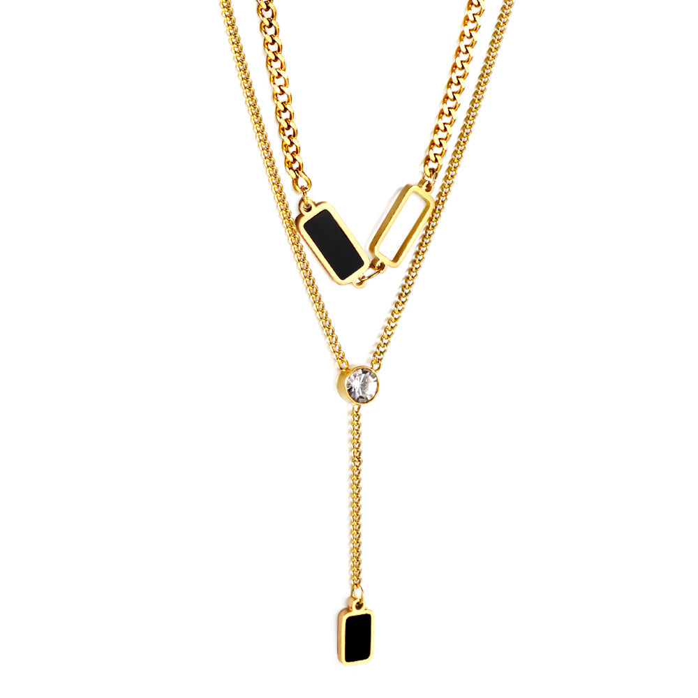2 rectangular black oil drops + 1 long square box + white diamond pendant double chain 50+45+5cm