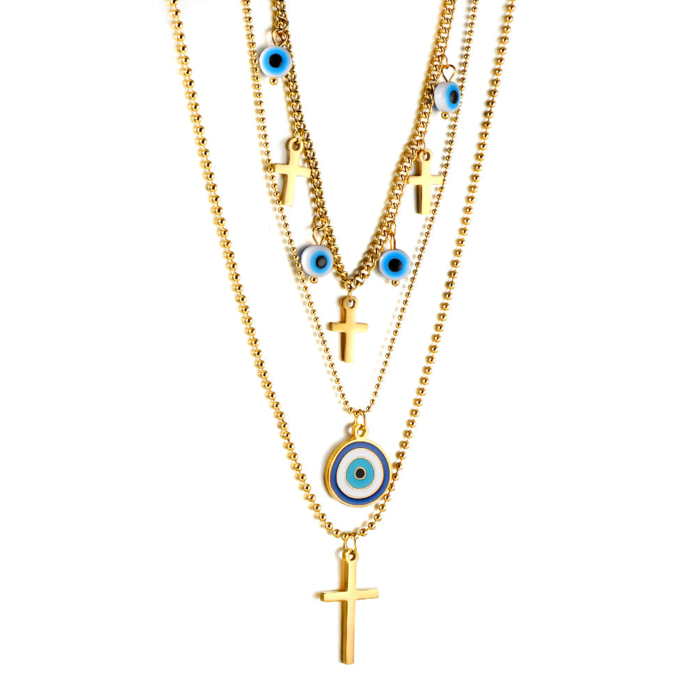4 globes oculaires bleus + 4 croix + pendentif grand globe oculaire triple chaîne 55+43+40+5cm