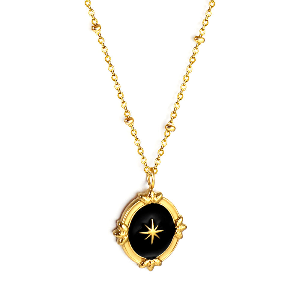 Black Drip Oil Long Round Pendant with Lucky Star + Bead Chain Necklace 40+5cm Golden asonjewelry