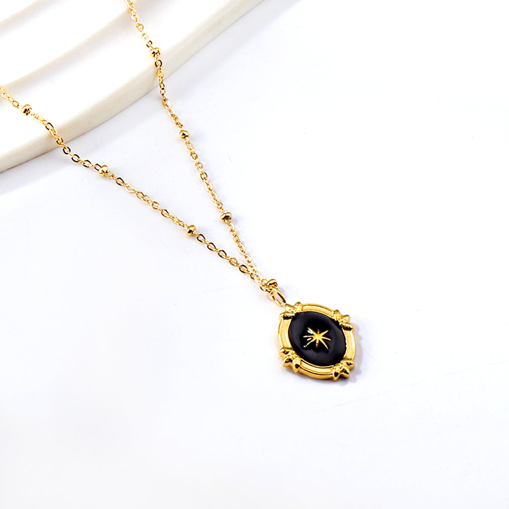 Black Drip Oil Long Round Pendant with Lucky Star + Bead Chain Necklace 40+5cm Golden asonjewelry