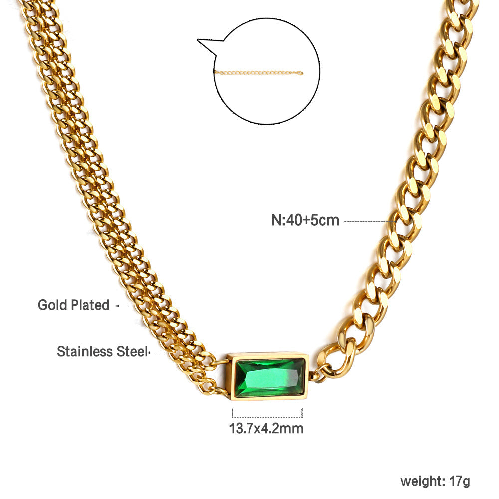 Rectangle Pendant with Green Diamonds Necklace 40+5cm asonjewelry