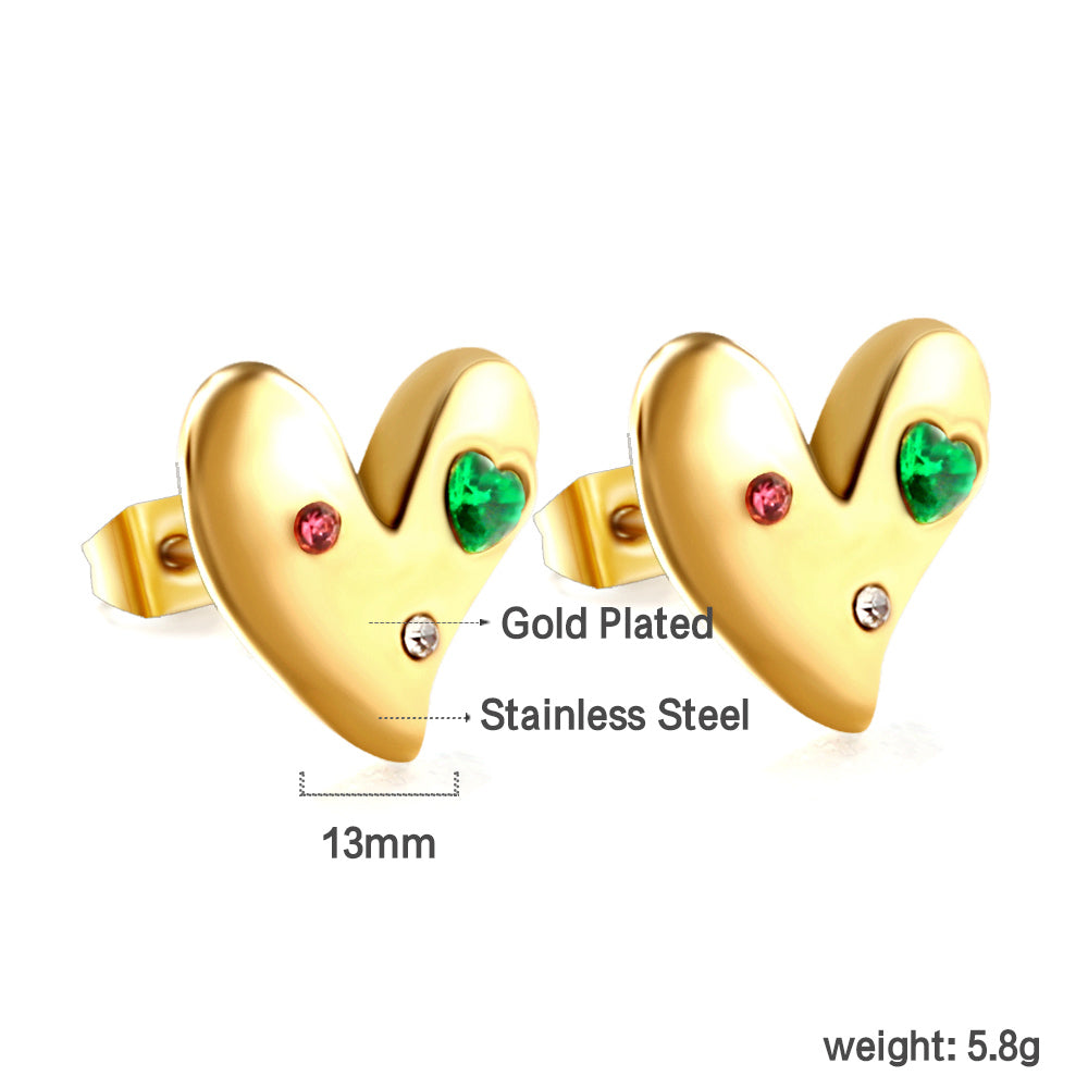 Heart with White + Rose + Green Diamonds Stud Earrings asonjewelry