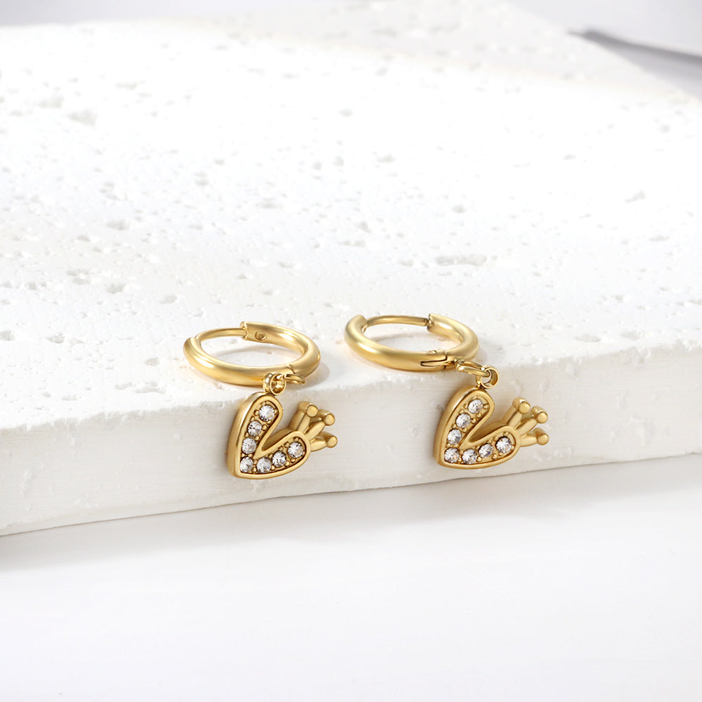 1.6x10mm Circle with Heart Crown White Diamond Stud Earrings asonjewelry