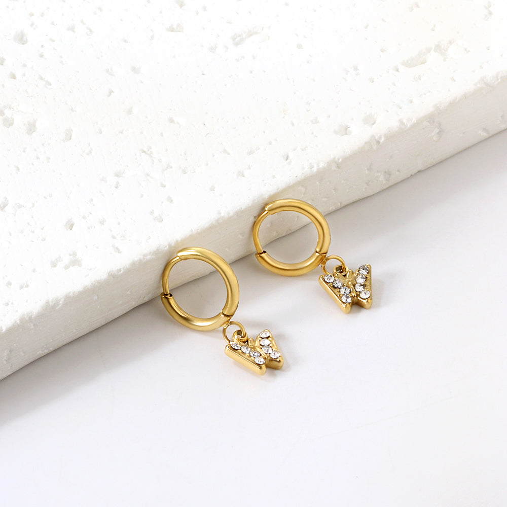 1.6x10mm circle with butterfly white diamond stud earrings asonjewelry