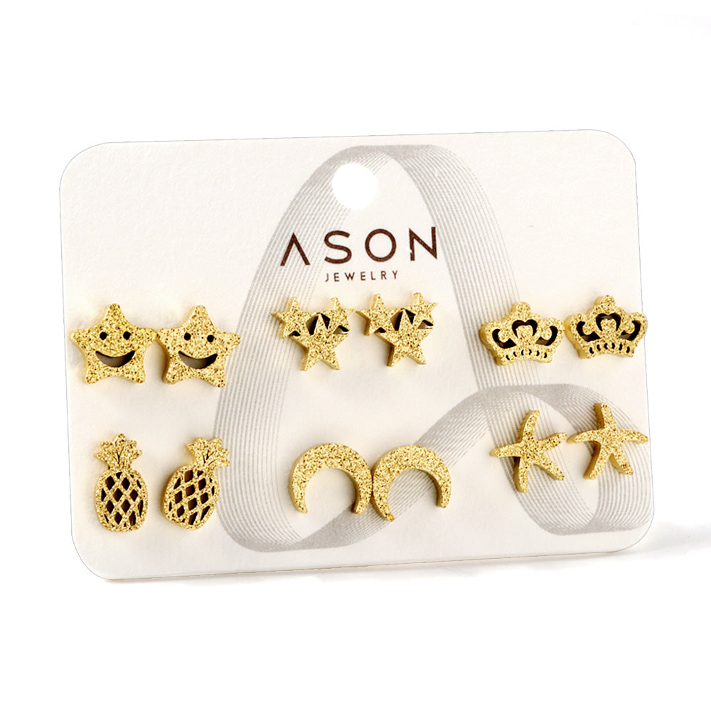 Six Pairs Mixed Snap Cut Frosted Pineapple / Starfish Stud Earrings Goldtone asonjewelry