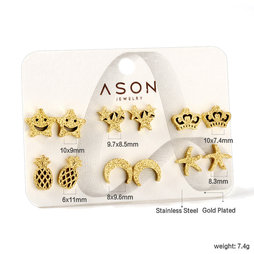 Six Pairs Mixed Snap Cut Frosted Pineapple / Starfish Stud Earrings Goldtone asonjewelry