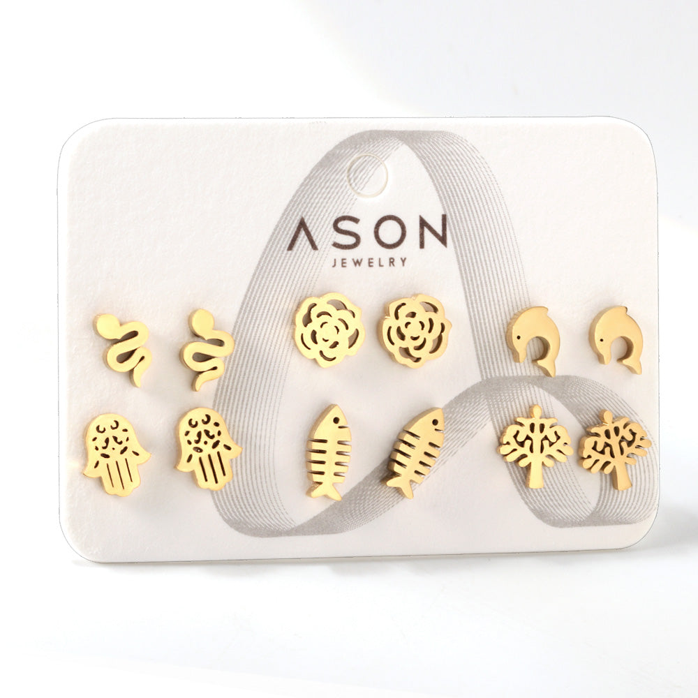 Six pairs of mixed card mounted cut-out fishbone / dolphin stud earrings gold color asonjewelry