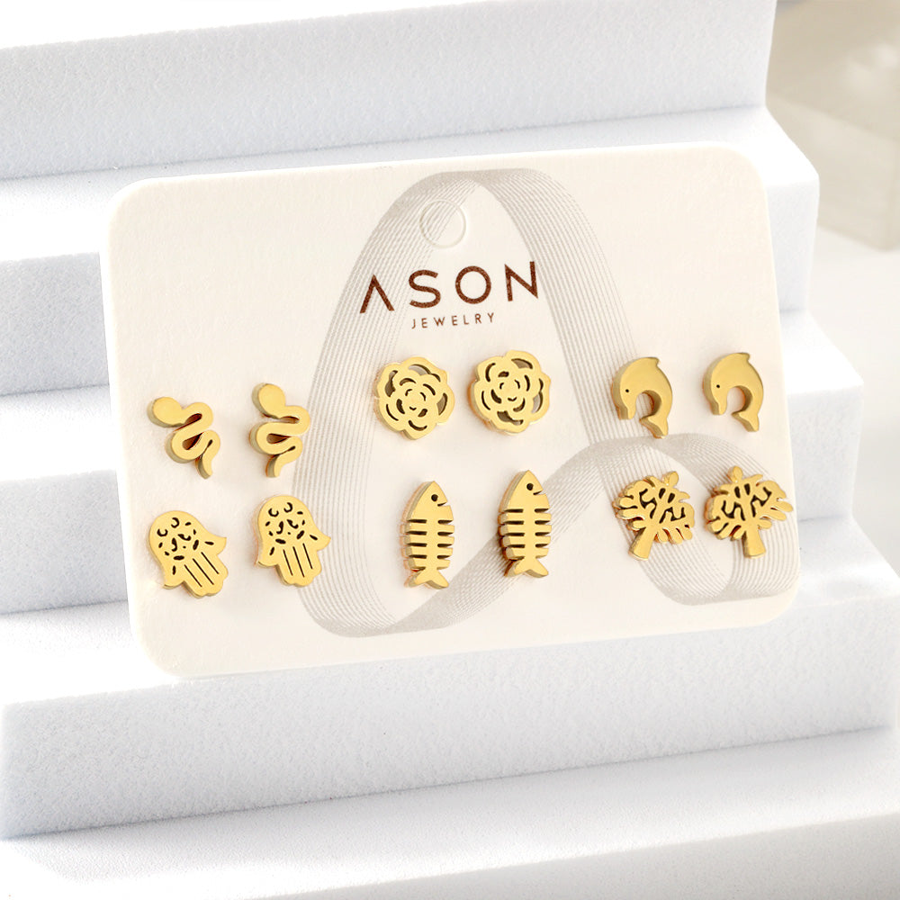 Six pairs of mixed card mounted cut-out fishbone / dolphin stud earrings gold color asonjewelry