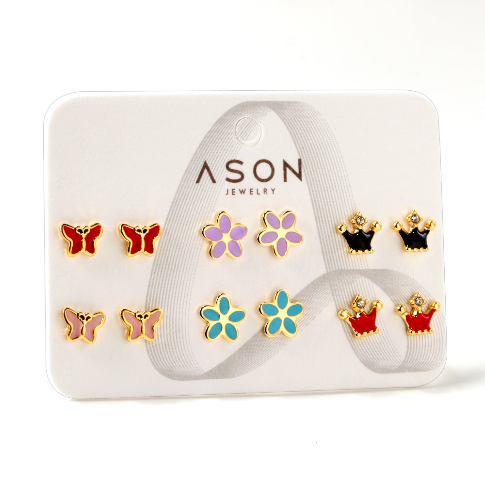 Six Pairs Mixed Card Cut Butterfly / Crown / Flower Stud Earrings Goldtone asonjewelry