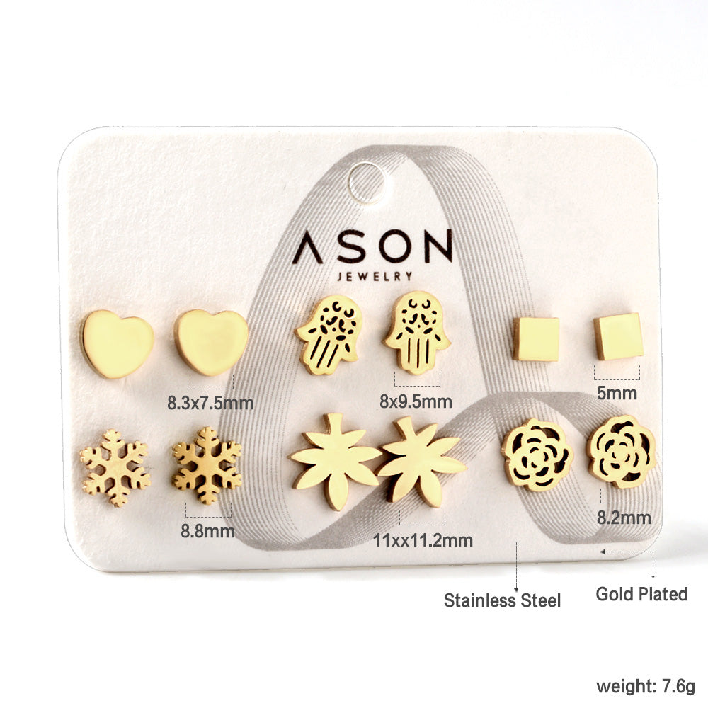 Six pairs of Mixed Card Cut Heart / Snowflake Stud Earrings gold color asonjewelry