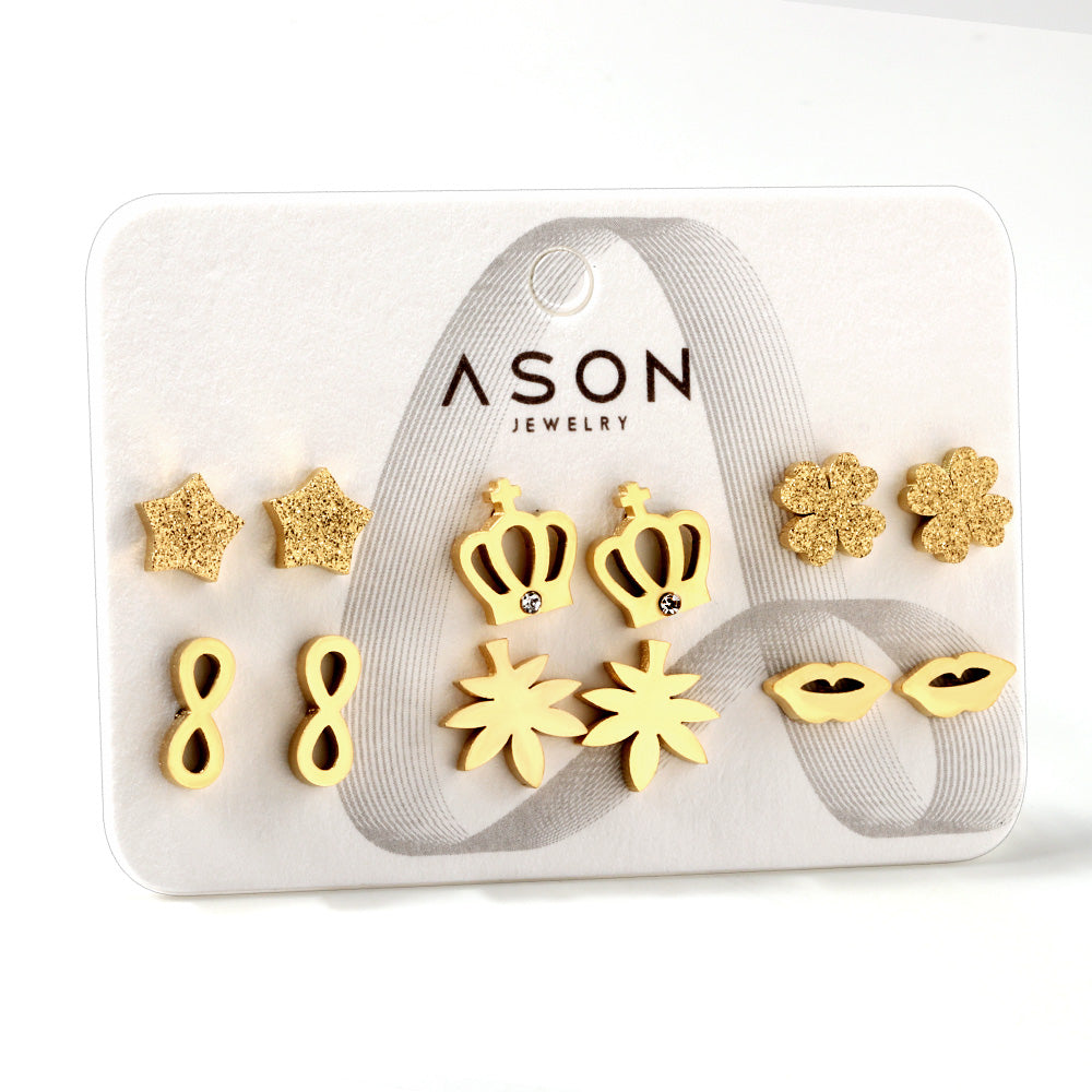 Six pairs of mixed card mounted cut-out frosted crown / lips stud earrings gold color asonjewelry