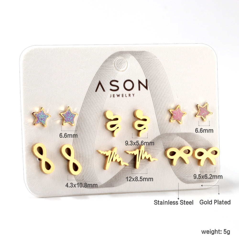 Six Pairs Mixed Snapback Cutout Current / Starfish Stud Earrings Gold asonjewelry