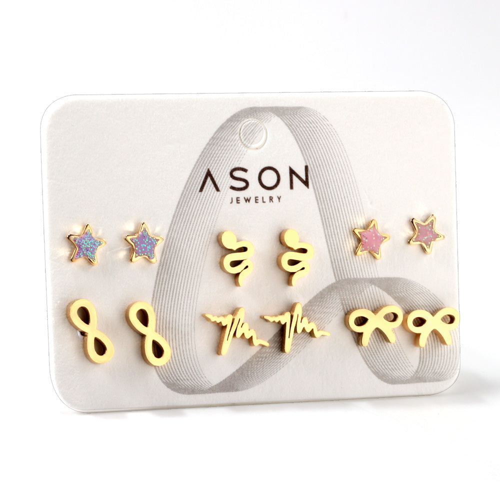 Six Pairs Mixed Snapback Cutout Current / Starfish Stud Earrings Gold asonjewelry