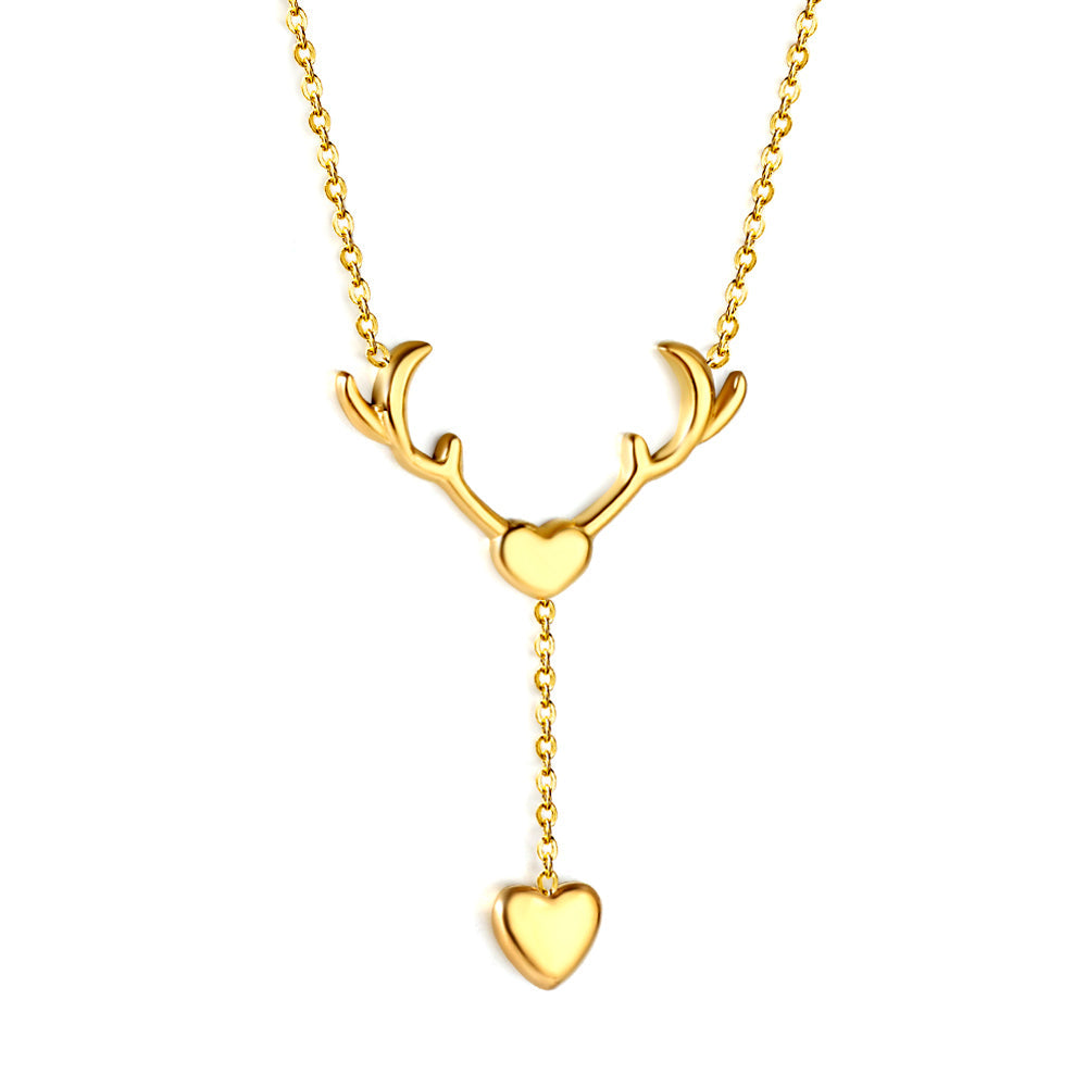 Antler Heart + Heart Pendant Necklace 41+5cm Gold Color asonjewelry