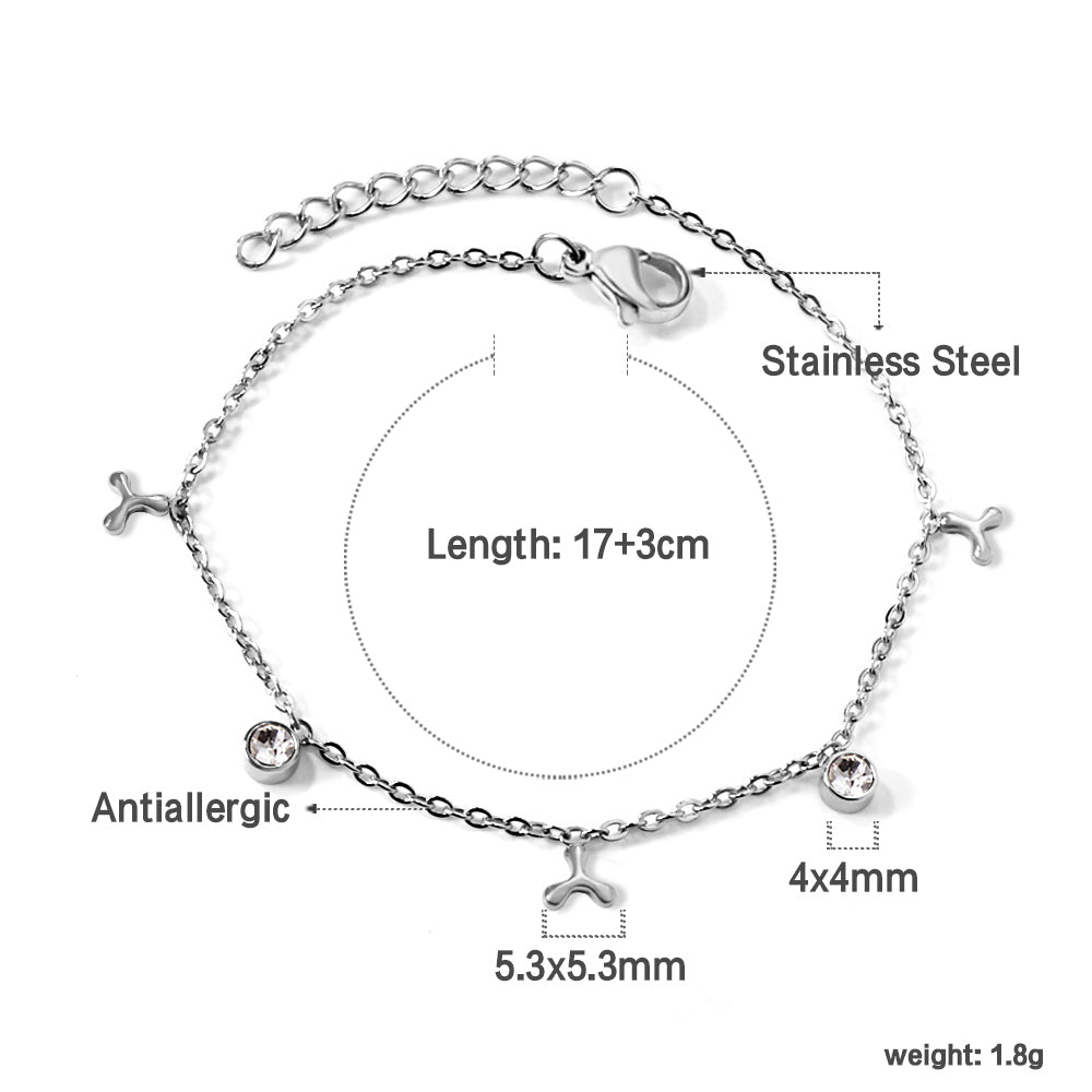 3 triple fan leaves + 2 cylindrical white diamonds accessories bracelet 17+3cm asonjewelry