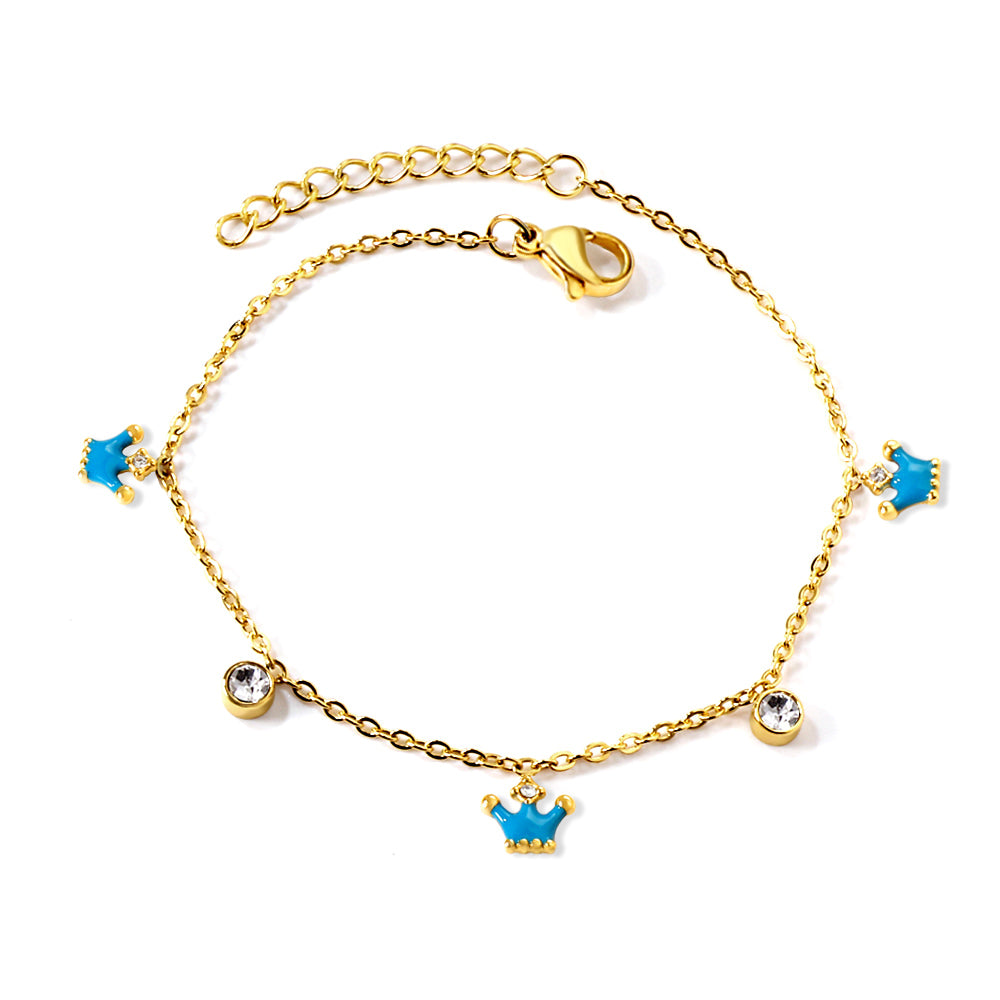 3 small blue crowns + 2 cylindrical white diamond accessory bracelet 17+3cm asonjewelry