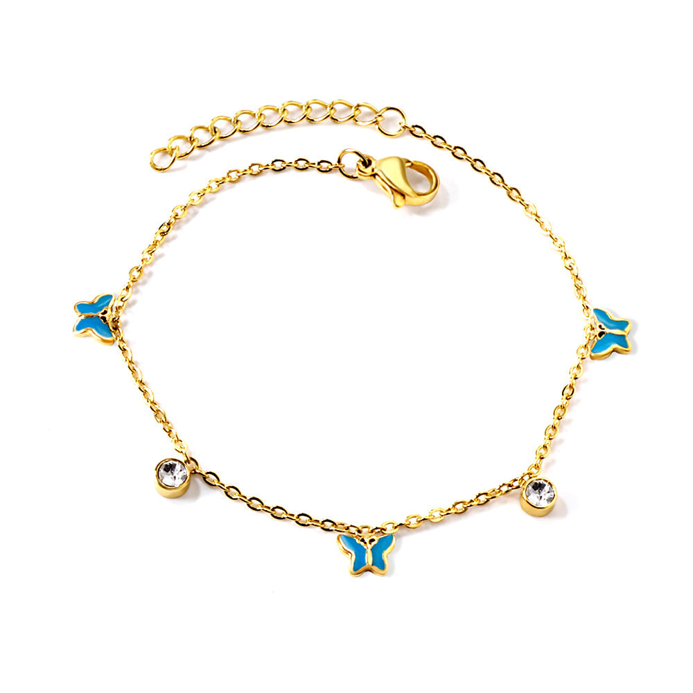 3 Butterfly Purple & Blue Drip Oil + 2 Cylindrical White Diamonds Accessories Bracelet 17+3cm asonjewelry