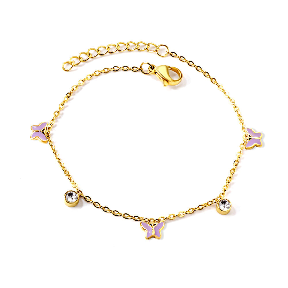 3 Butterfly Purple & Blue Drip Oil + 2 Cylindrical White Diamonds Accessories Bracelet 17+3cm asonjewelry