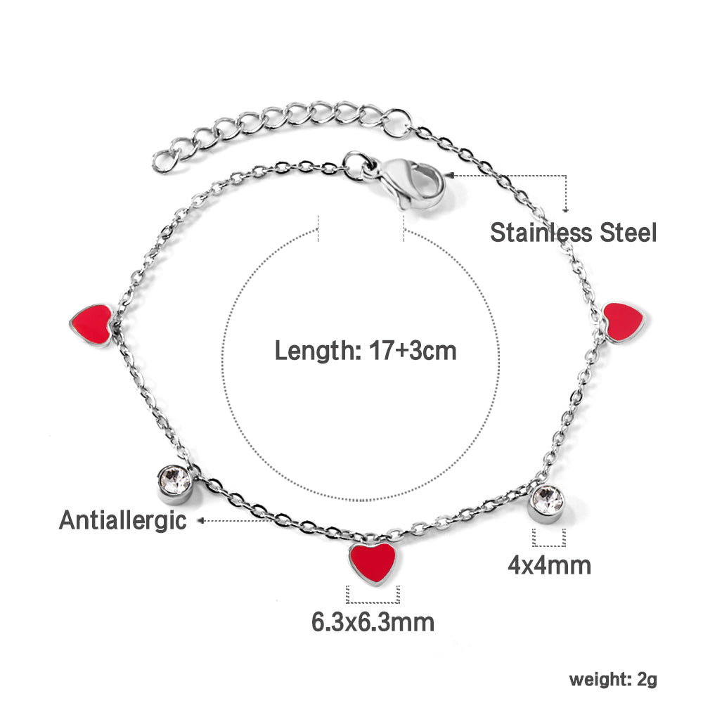 3 Hearts & Purple Oil Drops + 2 Cylindrical White Diamonds Accessories Bracelet 17+3cm asonjewelry