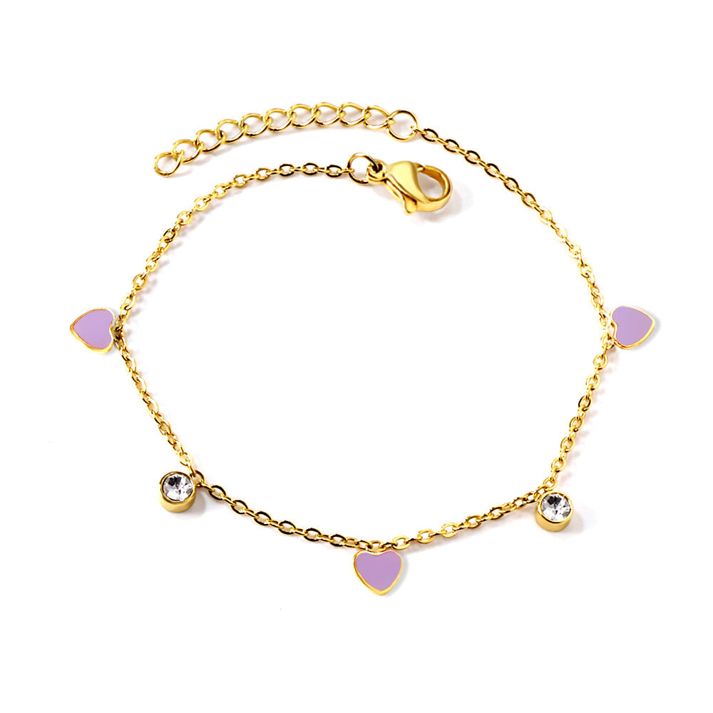 3 Hearts & Purple Oil Drops + 2 Cylindrical White Diamonds Accessories Bracelet 17+3cm asonjewelry