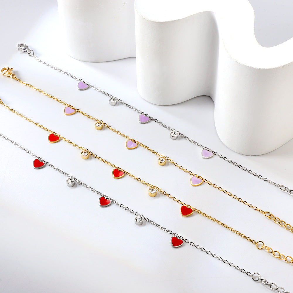 3 Hearts & Purple Oil Drops + 2 Cylindrical White Diamonds Accessories Bracelet 17+3cm asonjewelry