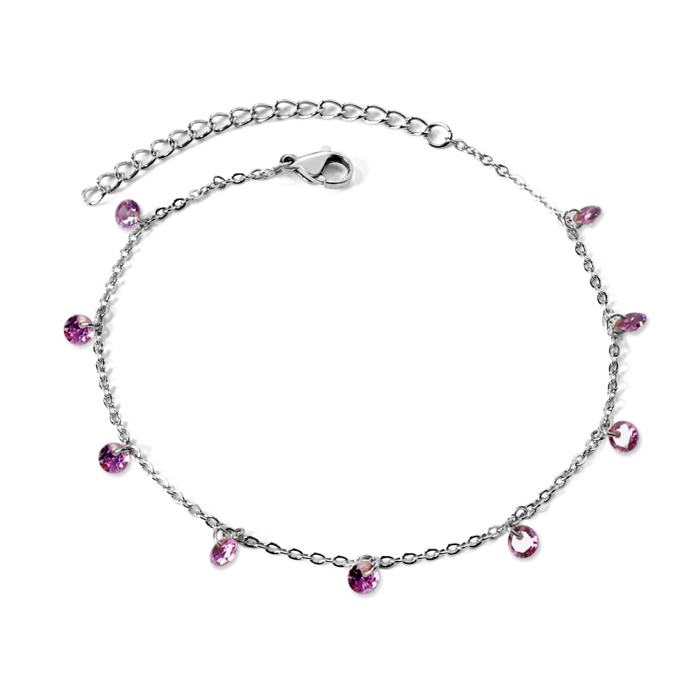 9 white & purple & pink & mixed diamonds anklet 20+5cm steel color gold color asonjewelry