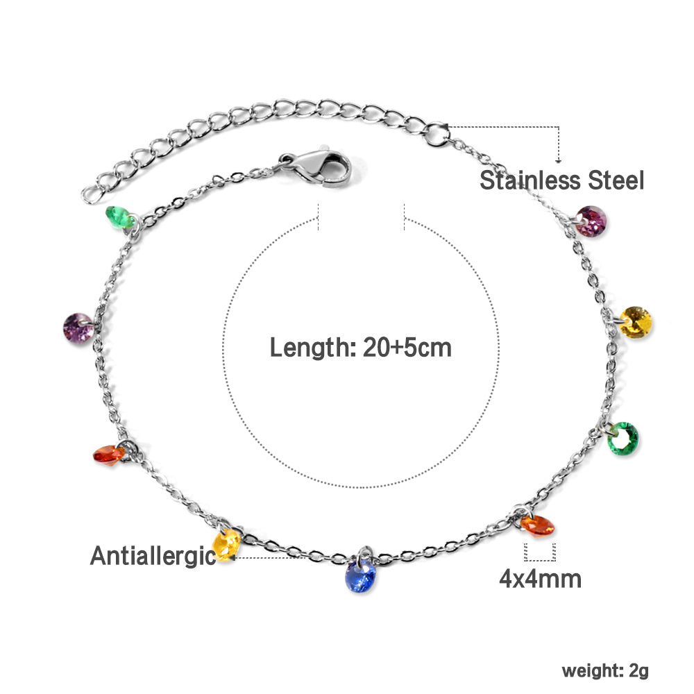 9 white & purple & pink & mixed diamonds anklet 20+5cm steel color gold color asonjewelry