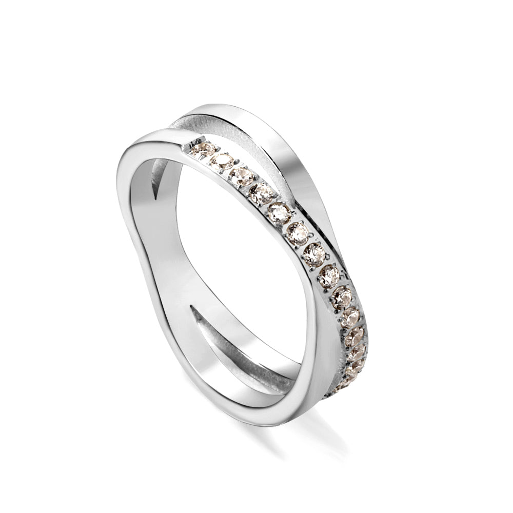 Steel/gold cross over ring with small round diamonds asonjewelry