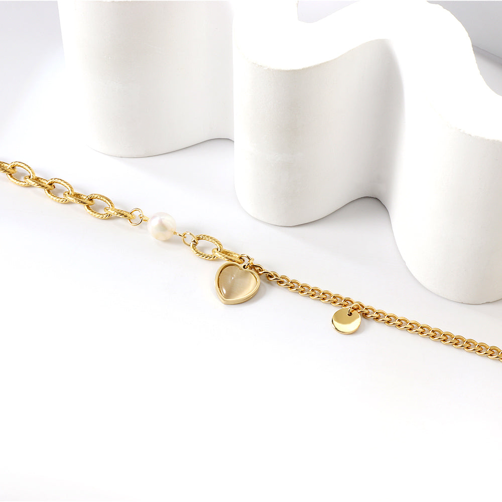 White Pearl + Heart Shape with White Zirconia + Round Accessories Bracelet 18+4cm Gold asonjewelry