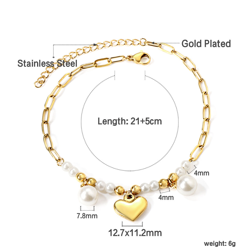 8 white pearls + 6 steel beads with 2 white pearls + heart anklet 21+5cm gold color asonjewelry
