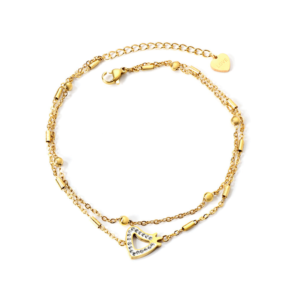 11 Cylinders + 6 Steel Beads with Hollowed Out White Diamonds Heart with Crown Double Chain Anklet 22+5cm GOLD asonjewelry