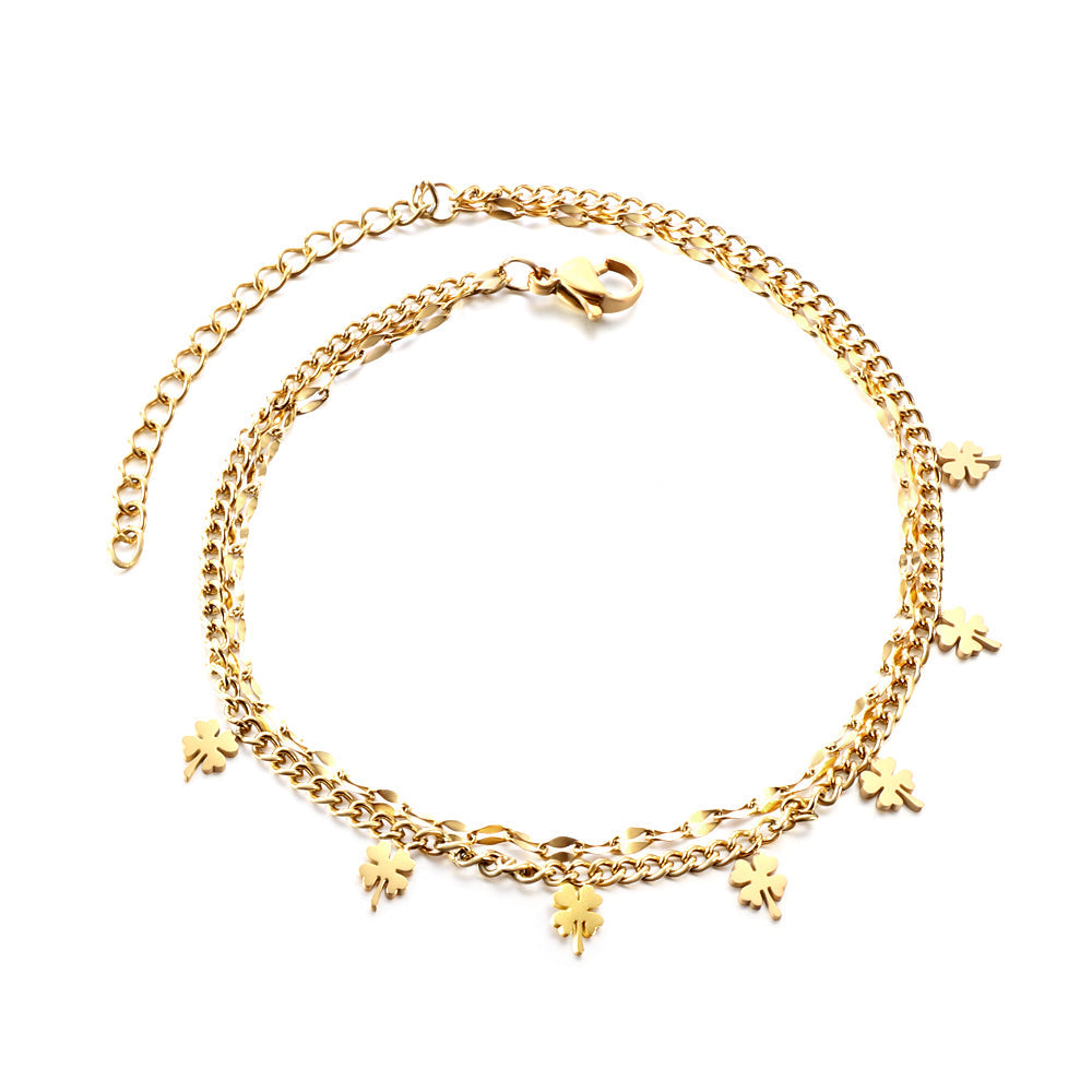7 four-leaf clovers with chain + chain bipod 21+5cm gold color steel color asonjewelry
