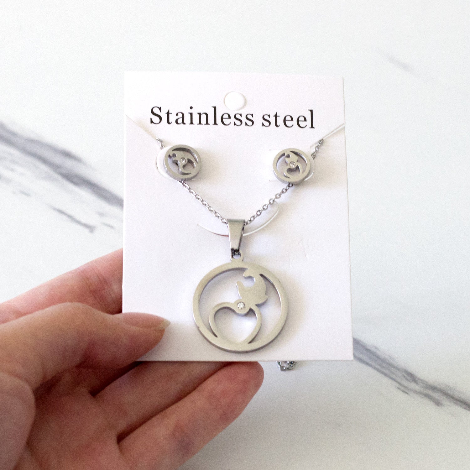 Gold/steel moon and heart connected in wisp cut jewelry set + diamonds asonjewelry