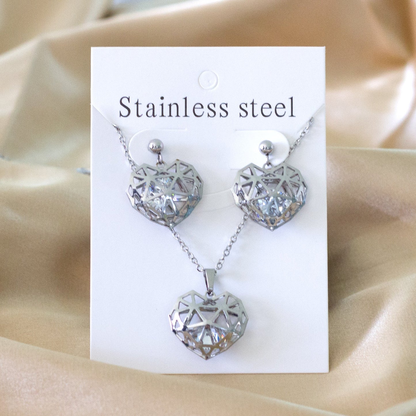 Gold/Steel Heart Mesh Wispy Heart Inside + Diamond Jewelry Set asonjewelry