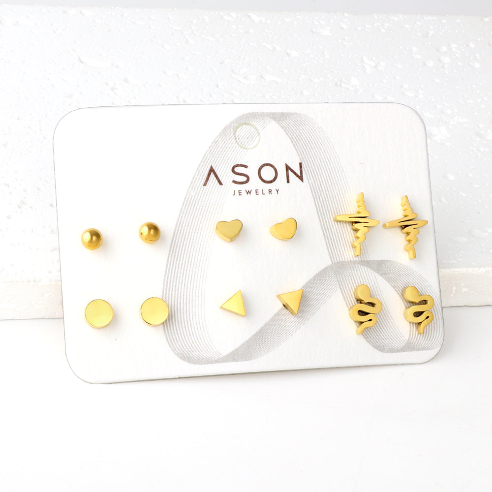 Six pairs of mixed card mounted cut-out current / triangle glossy stud earrings gold color asonjewelry