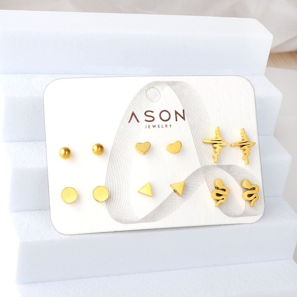 Six pairs of mixed card mounted cut-out current / triangle glossy stud earrings gold color asonjewelry