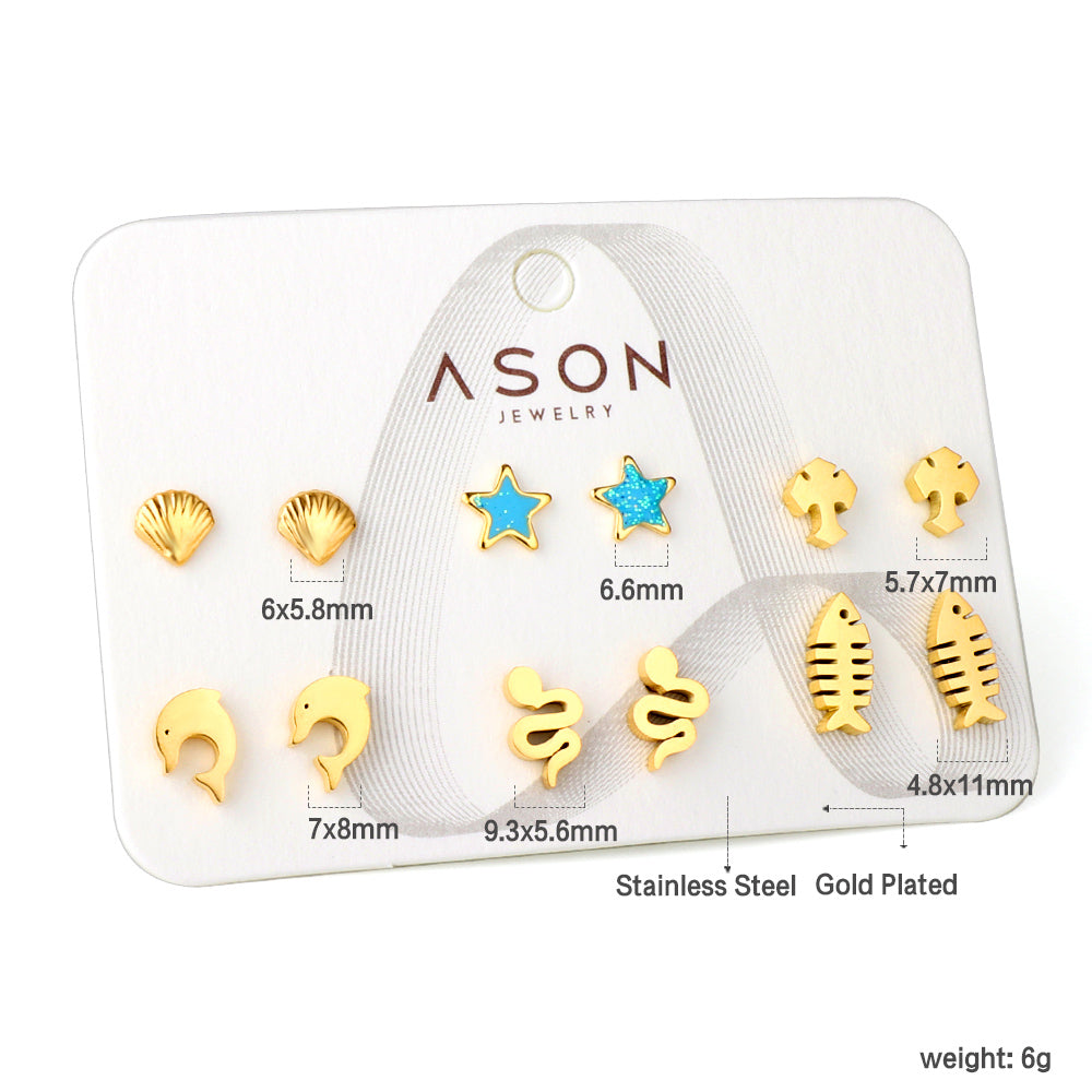 Six pairs Mixed Cut Shell / Fishbone / Starfish stud earrings gold color asonjewelry