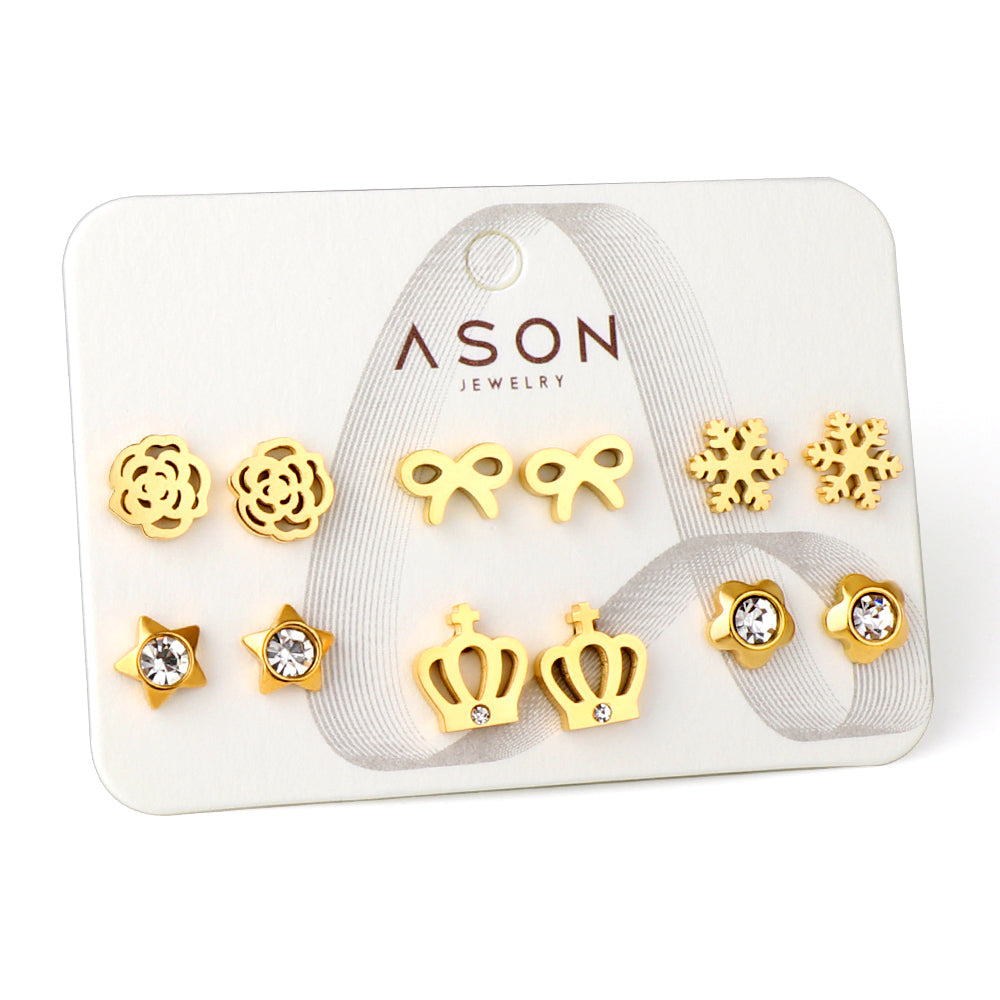 Six Pairs Mixed Snap Cut Crown / Snowflake Stud Earrings Goldtone asonjewelry